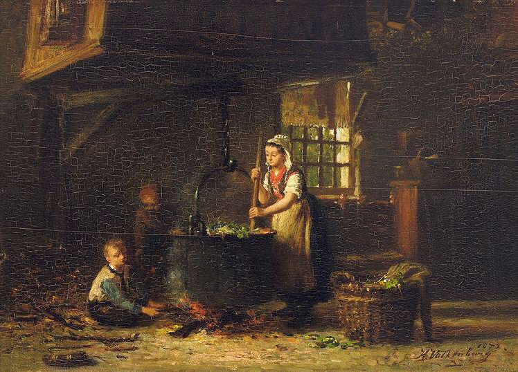 An old kitchen with a mother and two children at the cauldron